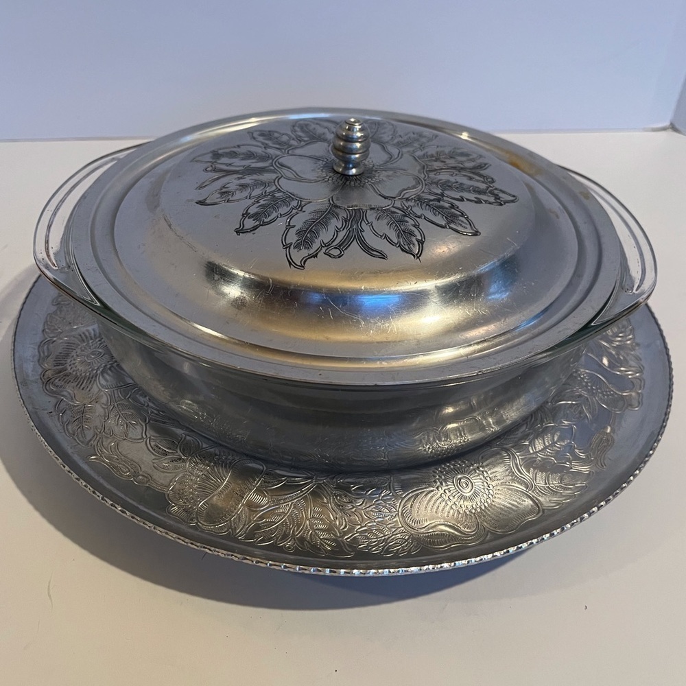 Vintage Pyrex Two Quart Clear Glass Dish with Etched Aluminum Cover and Base